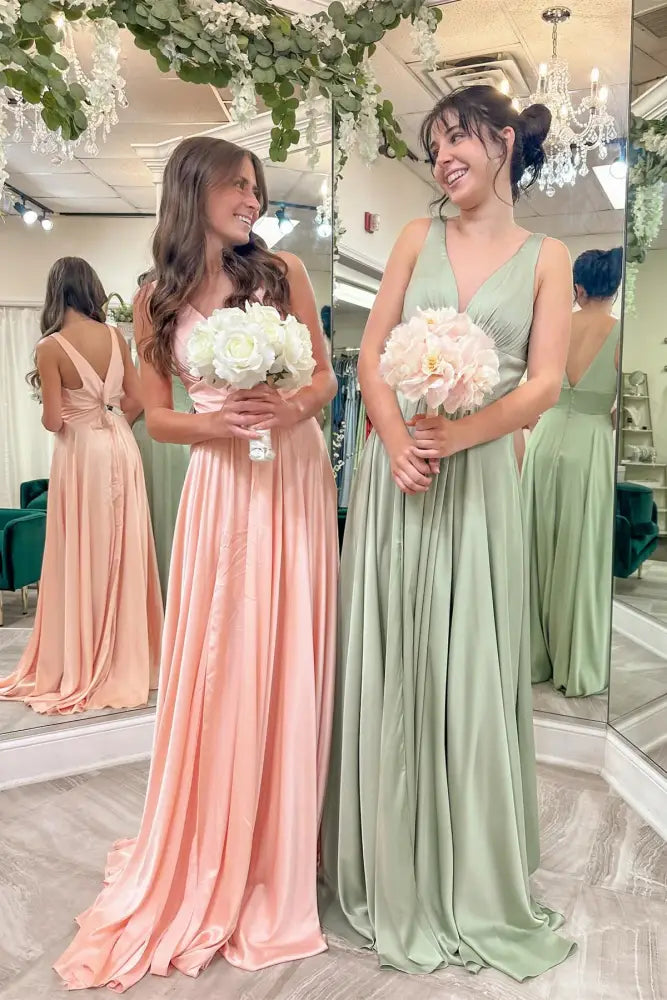 A-Line Satin V-Neck Backless Bridesmaid Dresses