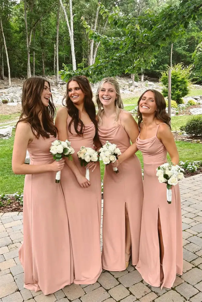 Dusty Rose Spaghetti Straps Bridesmaid Dresses with Slit