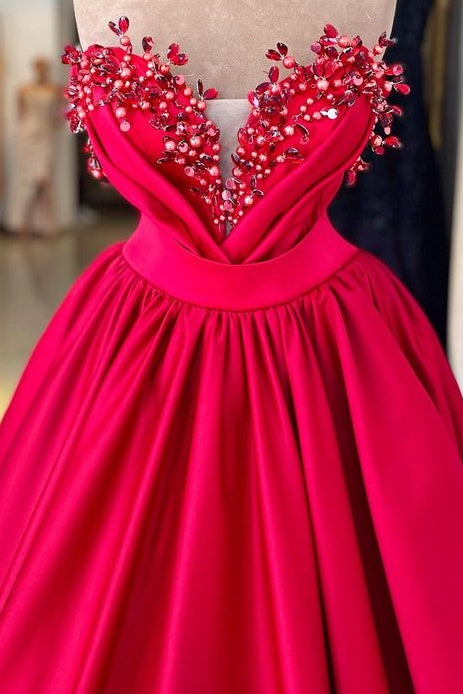 Red Strapless A-Line Tulle Prom Party Dresses with Beads