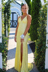 Daffodil V-Neck Mermaid Sequin Party Dresses with Slit