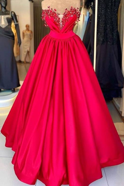 Red Strapless A-Line Tulle Prom Party Dresses with Beads