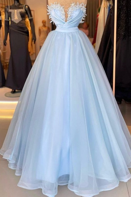 Light Blue Strapless A-Line Tulle Prom Party Dresses with Beads