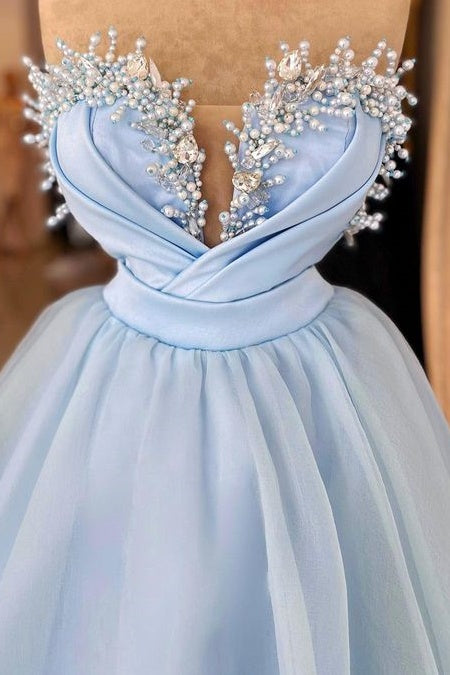 Light Blue Strapless A-Line Tulle Prom Party Dresses with Beads