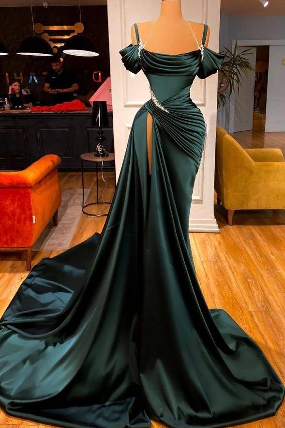 Dark Green Off-The-Shoulder Long Mermaid Satin Formal Prom Dresses with Slit