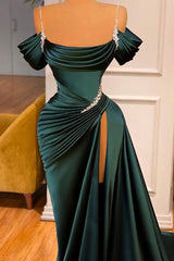 Dark Green Off-The-Shoulder Long Mermaid Satin Formal Prom Dresses with Slit