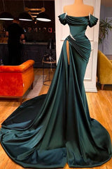 Dark Green Off-The-Shoulder Long Mermaid Satin Formal Prom Dresses with Slit