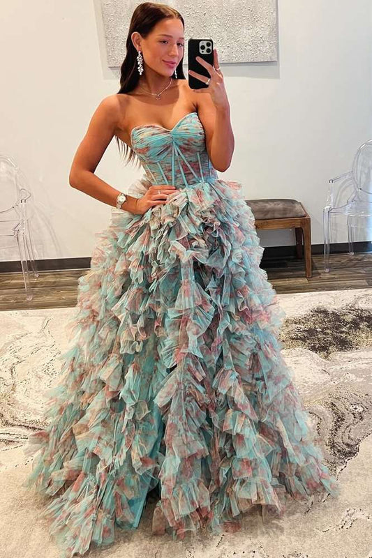 Sweetheart Strapless Print A-Line Tulle Prom Dresses with Slit