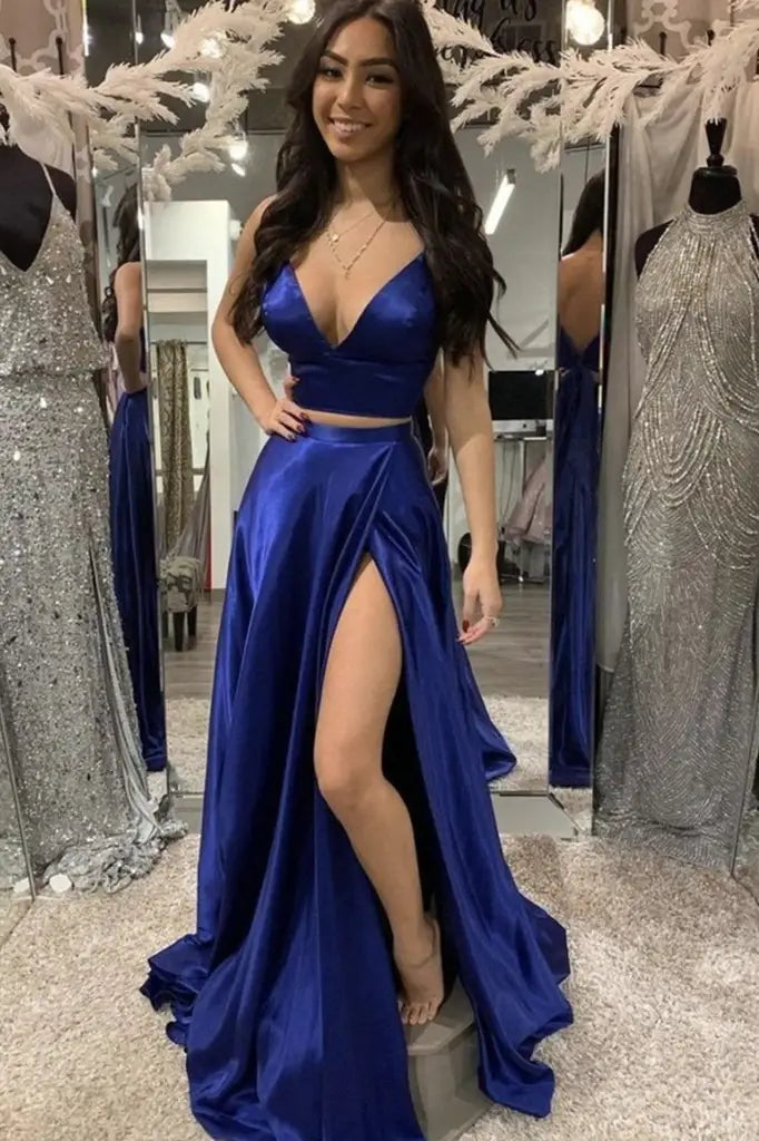 Sexy Two-Piece V-Neck Sleeveless A-Line Satin Prom Dresses with Slit