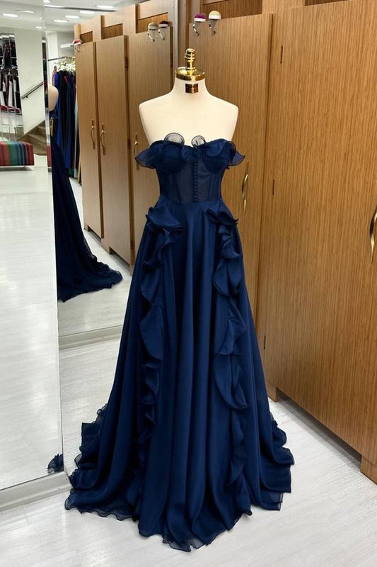 Dark Navy Strapless A-Line Tulle Formal Dresses with Buttons