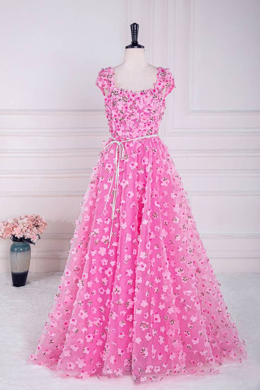 Beautiful Capped A-Line Lace Floral Formal Dresses with Slit