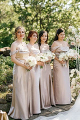 Off-The-Shoulder Split Front Satin Bridesmaid Dresses