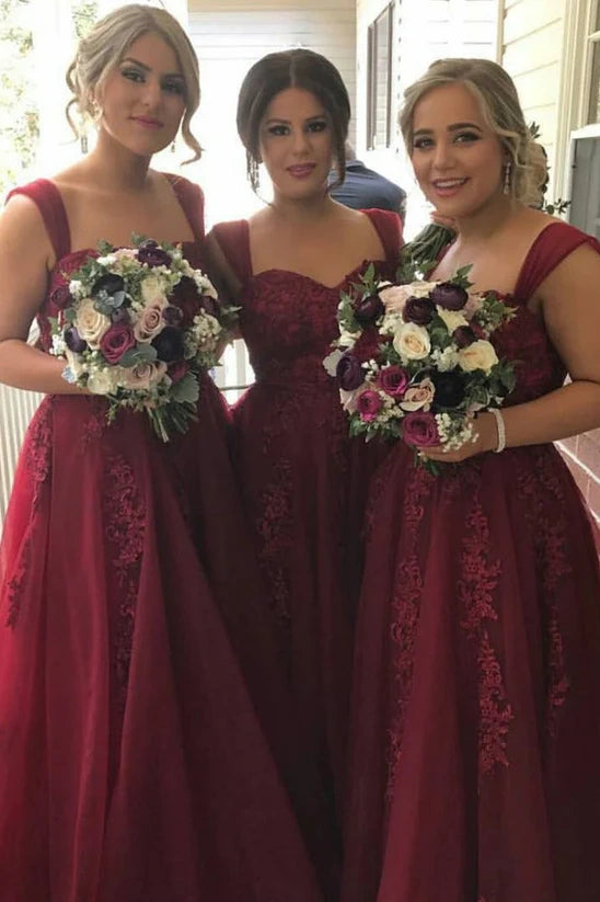 Burgundy Sweetheart A-Line Tulle Bridesmaid Dresses with Appliques