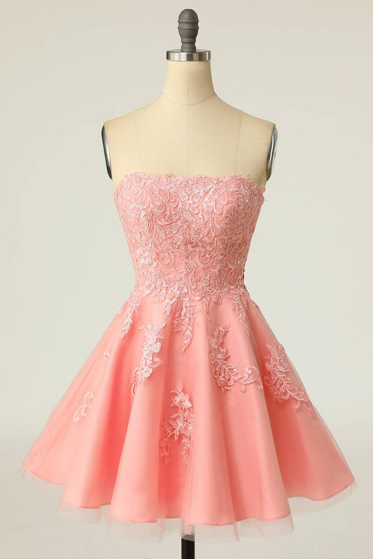 Pink Chic Strapless A-Line Tulle Homecoming Dresses with Appliques