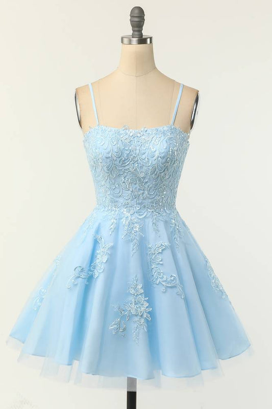 Sky Blue Square Neck A-Line Tulle Short Homecoming Dresses with Appliques