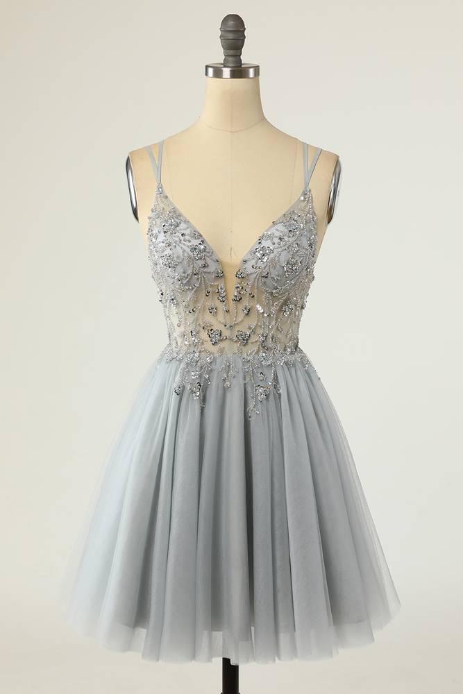 Silver Criss Cross Straps A-Line Short Tulle Homecoming Dresses