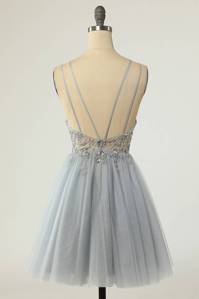 Sliver Criss Cross Straps A-Line Short Tulle Homecoming Dresses