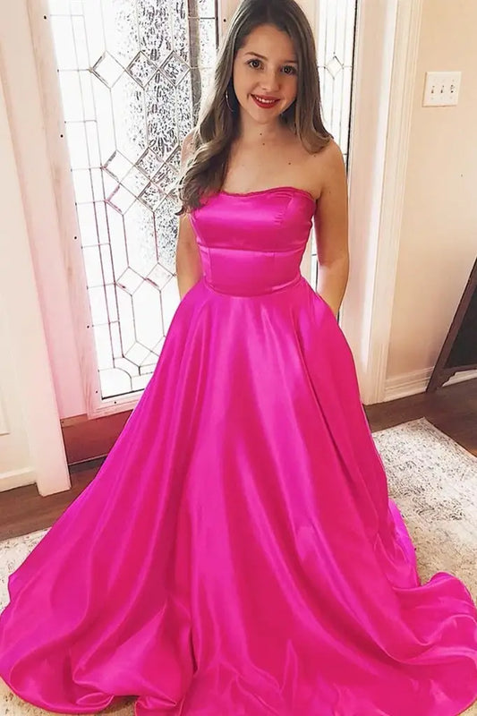 Fuchsia A-Line Satin Strapless Formal Prom Dresses