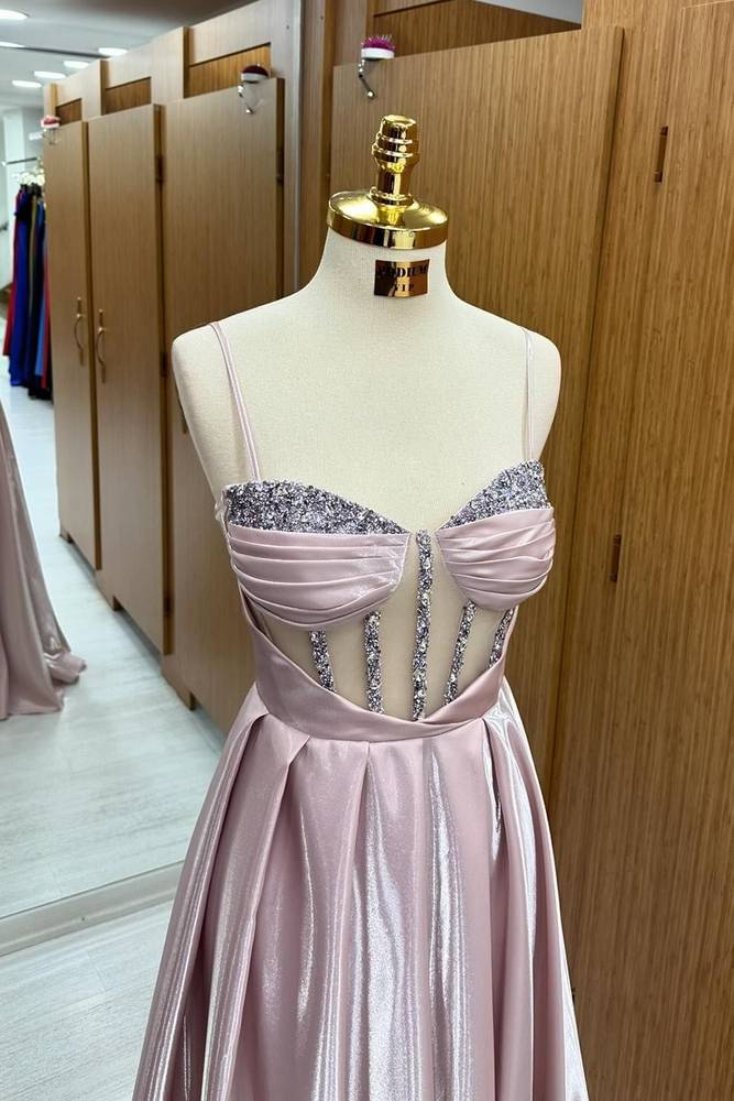 Pink Spaghetti Straps A-Line Satin Party Prom Dresses with Rhinestones