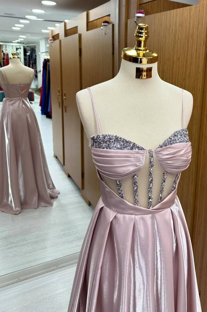 Pink Spaghetti Straps A-Line Satin Party Prom Dresses with Rhinestones