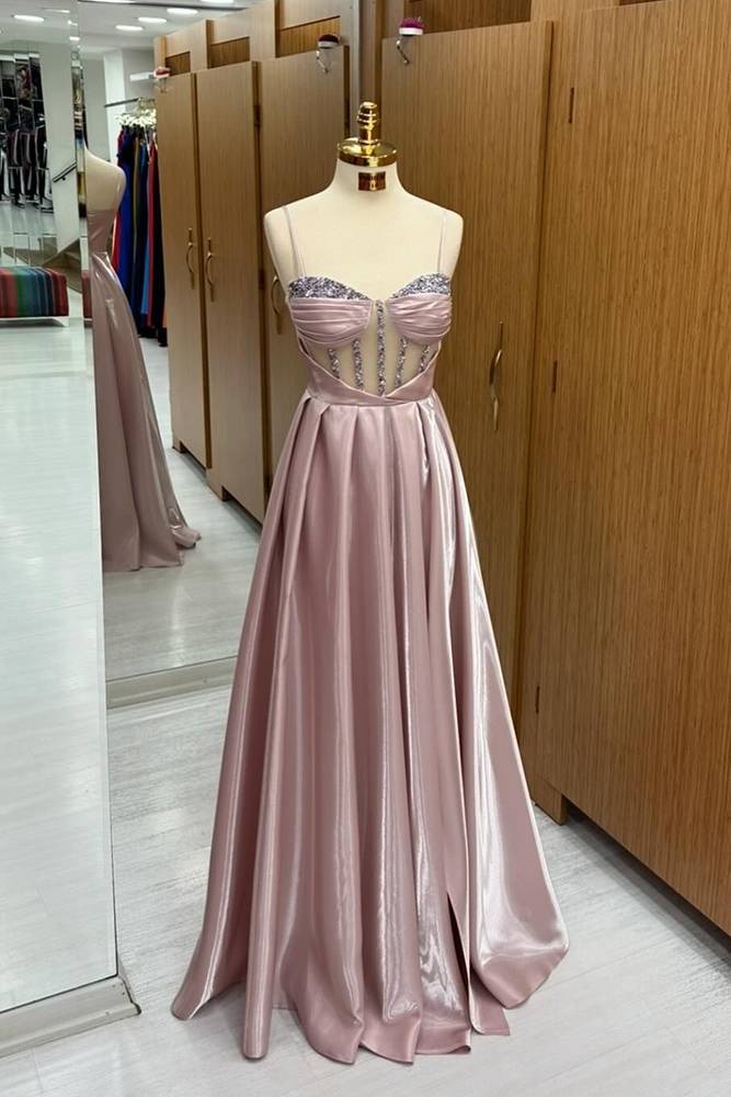 Pink Spaghetti Straps A-Line Satin Party Prom Dresses with Rhinestones