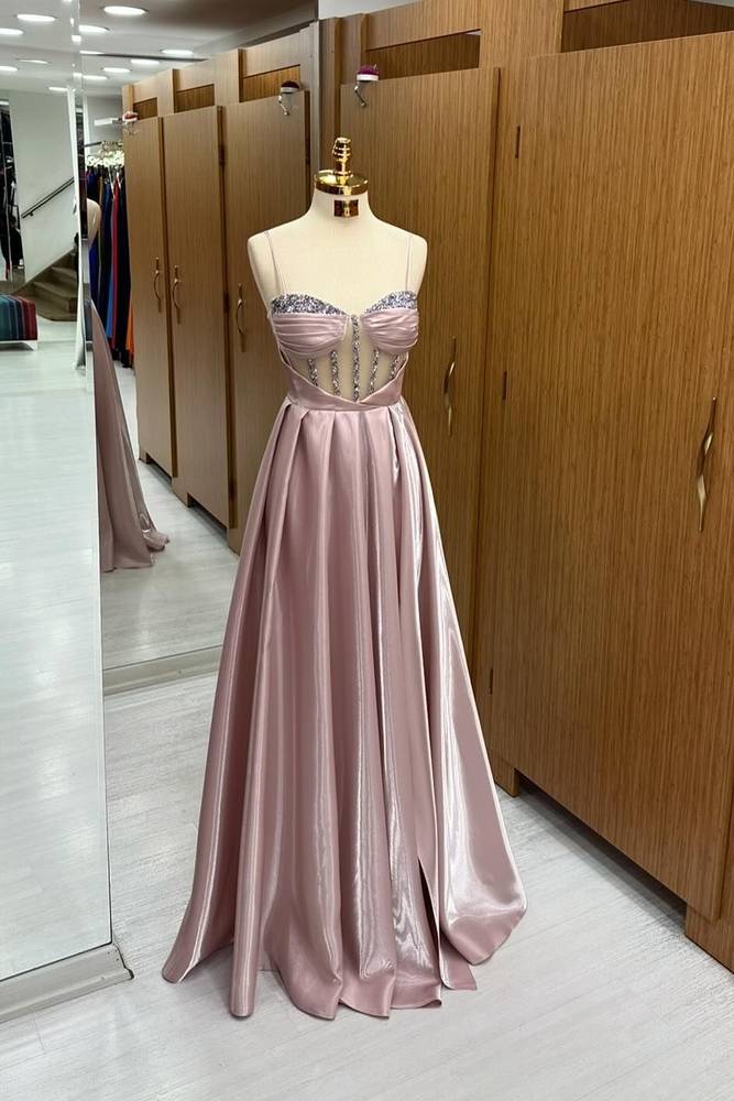 Pink Spaghetti Straps A-Line Satin Party Prom Dresses with Rhinestones