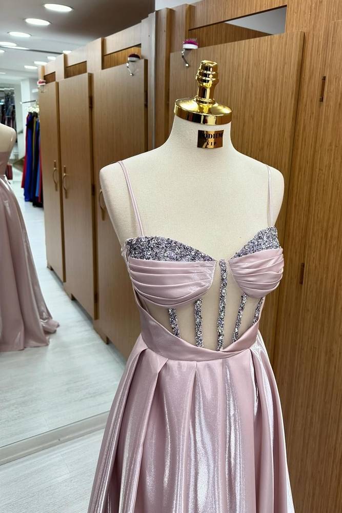 Pink Spaghetti Straps A-Line Satin Party Prom Dresses with Rhinestones