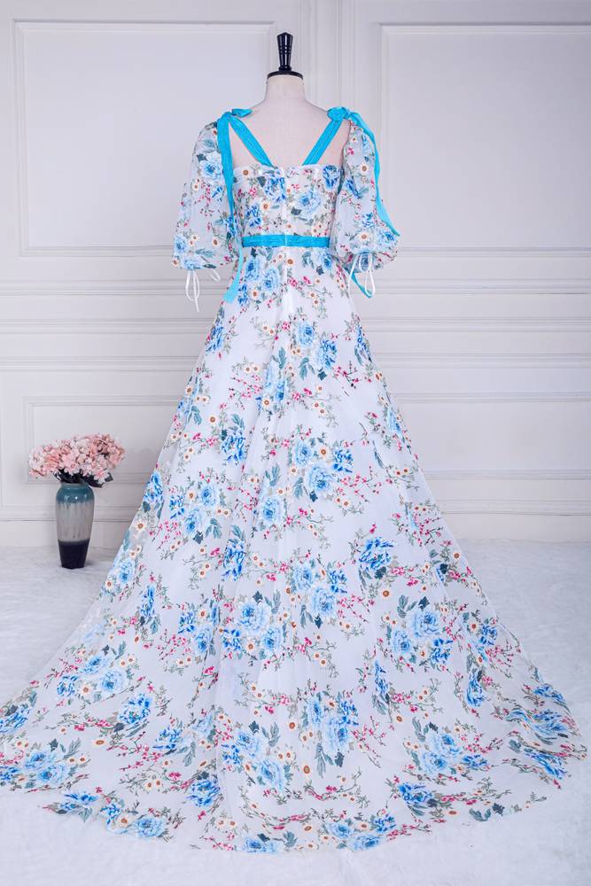 A-Line V-Neck Tulle Half Sleeves Floral Prom Dresses