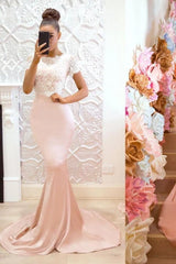 Pink Long Mermaid Lace Satin Bridesmaid Dresses with Short Sleeves