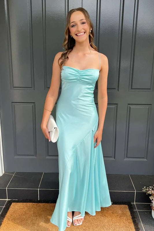 Mint Green Spaghetti Straps Sheath Satin Prom Dresses