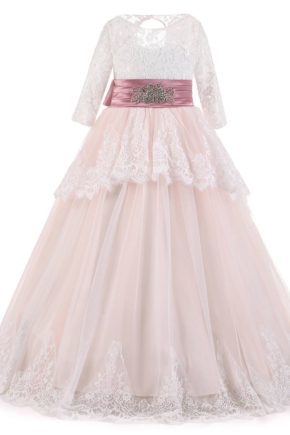 Blushing Pink Ball Gown Lace Tulle Flower Girl Dresses with Sash