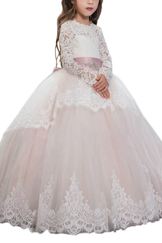 Blushing Pink Ball Gown Lace Tulle Flower Girl Dresses with Sash