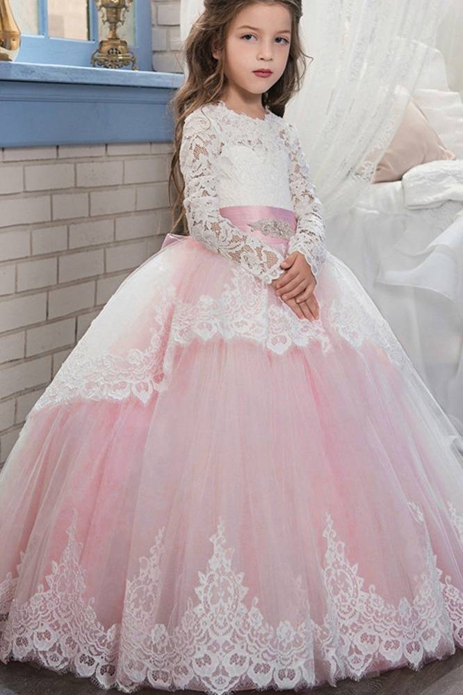 Candy Pink Ball Gown Lace Tulle Flower Girl Dresses with Sash