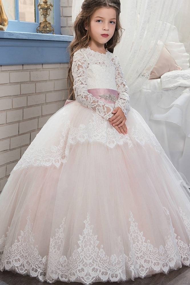 Blushing Pink Ball Gown Lace Tulle Flower Girl Dresses with Sash