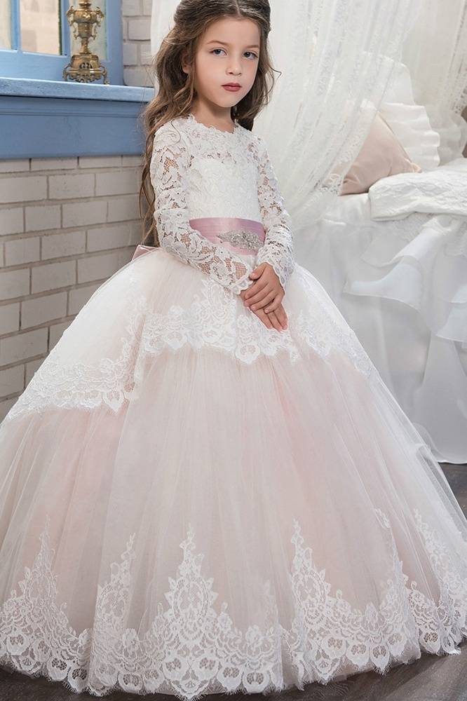 Blushing Pink Ball Gown Lace Tulle Flower Girl Dresses with Sash