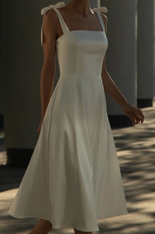 Square Neck Tea-Length A-Line Satin Formal Dresses