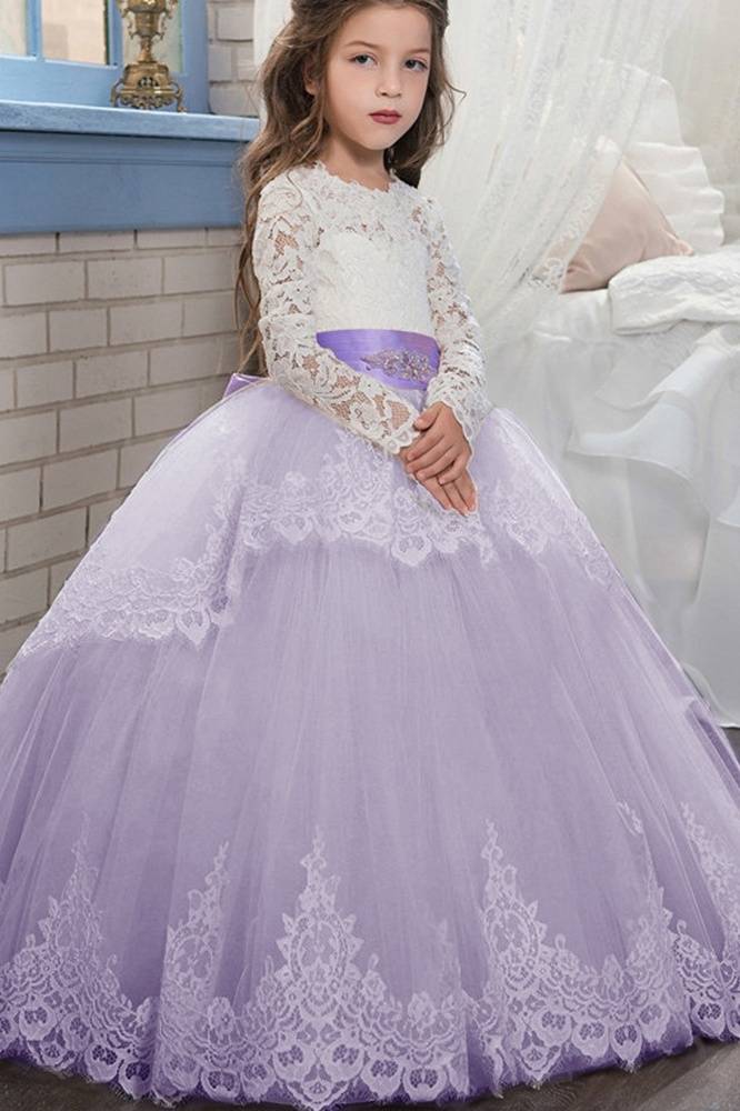 Lavender Ball Gown Lace Tulle Flower Girl Dresses with Sash