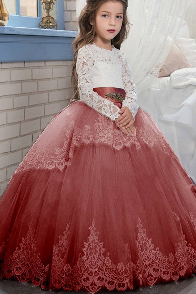 Red Ball Gown Lace Tulle Flower Girl Dresses with Sash