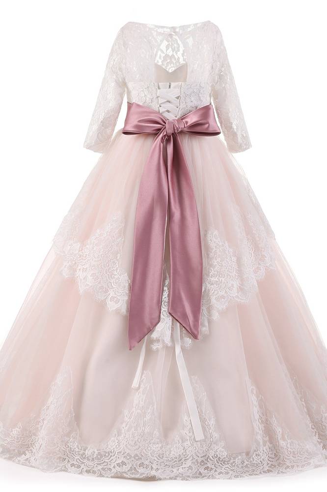 Blushing Pink Ball Gown Lace Tulle Flower Girl Dresses with Sash