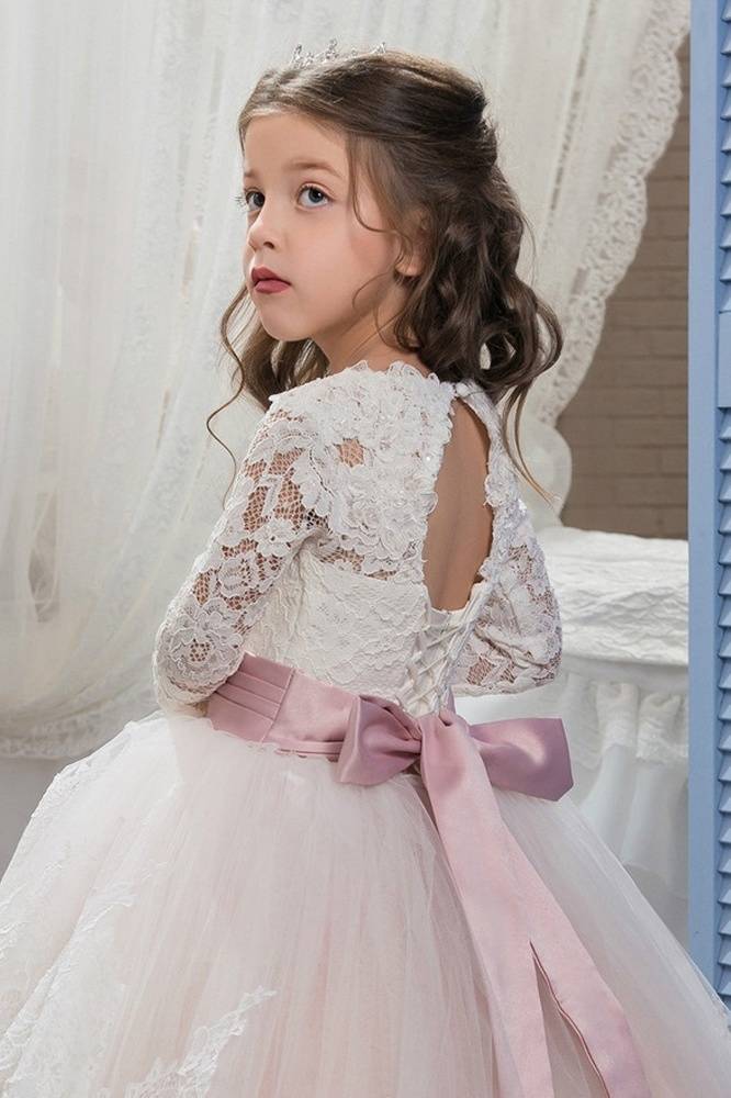 Blushing Pink Ball Gown Lace Tulle Flower Girl Dresses with Sash