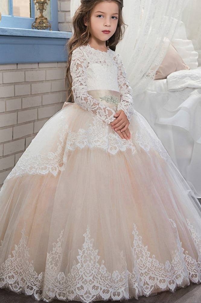 Champagne Ball Gown Lace Tulle Flower Girl Dresses with Sash