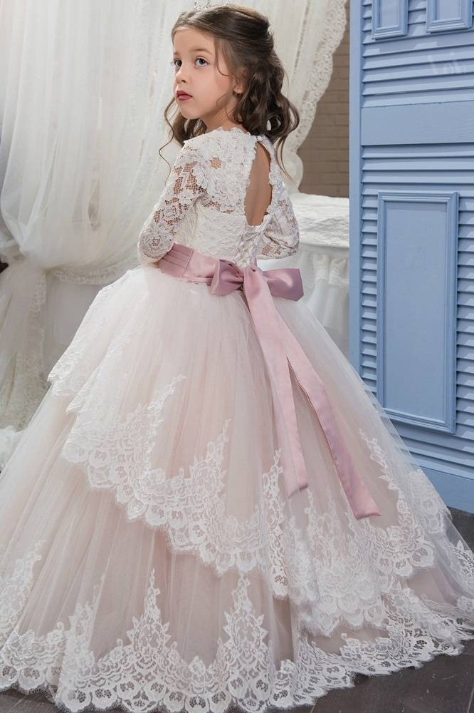 Blushing Pink Ball Gown Lace Tulle Flower Girl Dresses with Sash