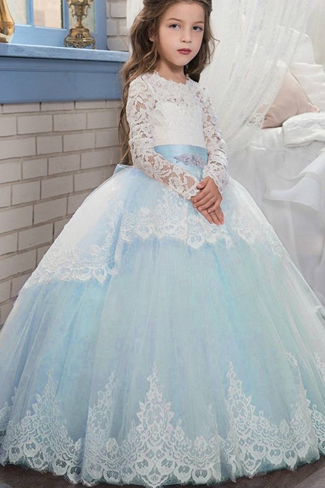 Sky Blue Ball Gown Lace Tulle Flower Girl Dresses with Sash