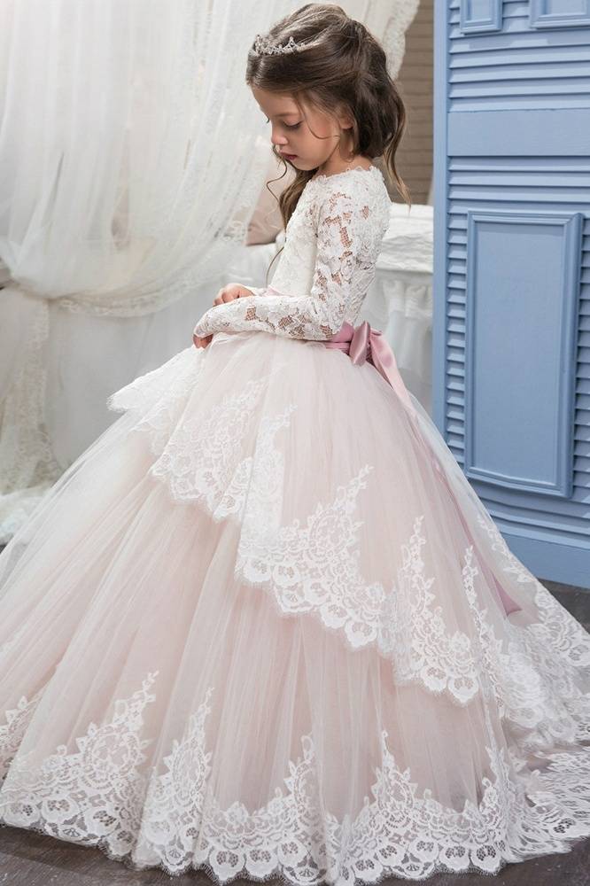 Blushing Pink Ball Gown Lace Tulle Flower Girl Dresses with Sash