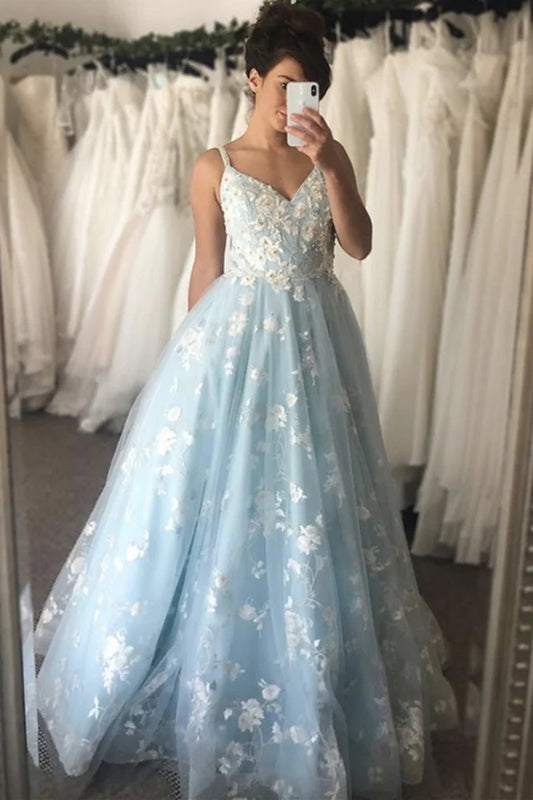 Light Blue A-Line Tulle V-Neck Party Prom Dresses with Appliques