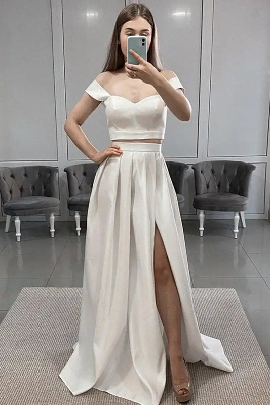 A-Line Satin Two-Piece Off-The-Shoulder Formal Dresses with Slit