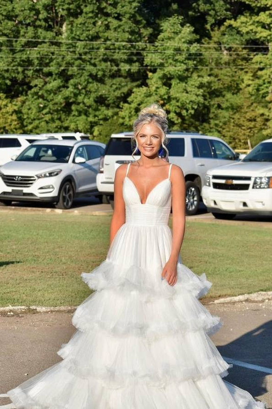 White V-Neck Tiered A-Line Tulle Formal Dresses