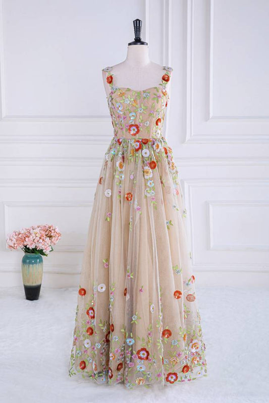 Trendy Sweetheart A-Line Tulle Floral Prom Dresses with Appliques