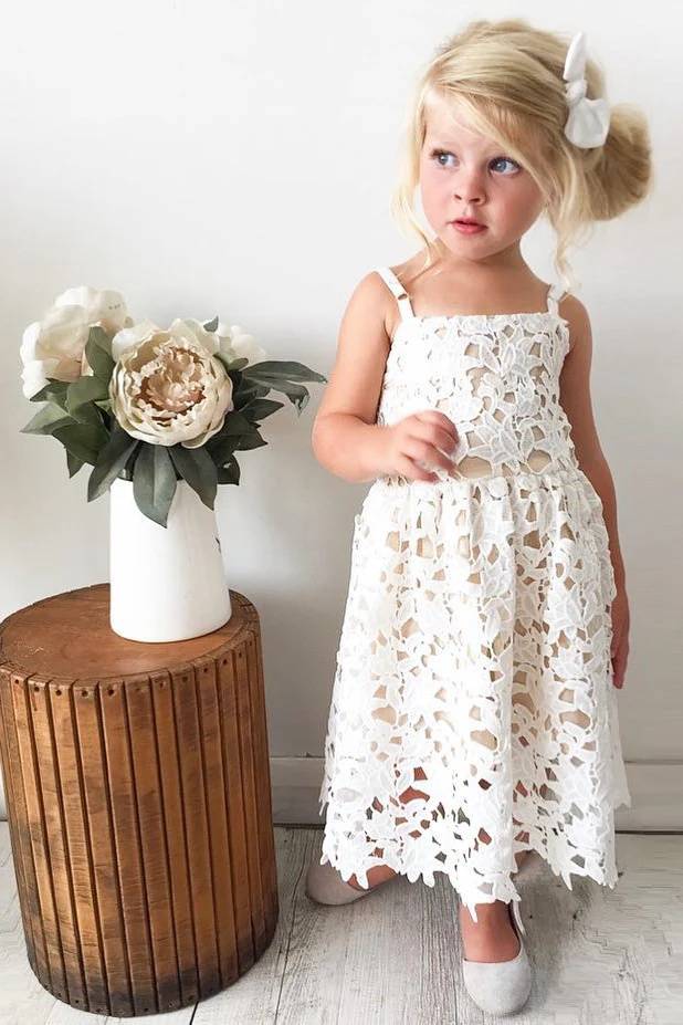 A-Line Sleeveless Tea-Length Lace Flower Girl Dresses