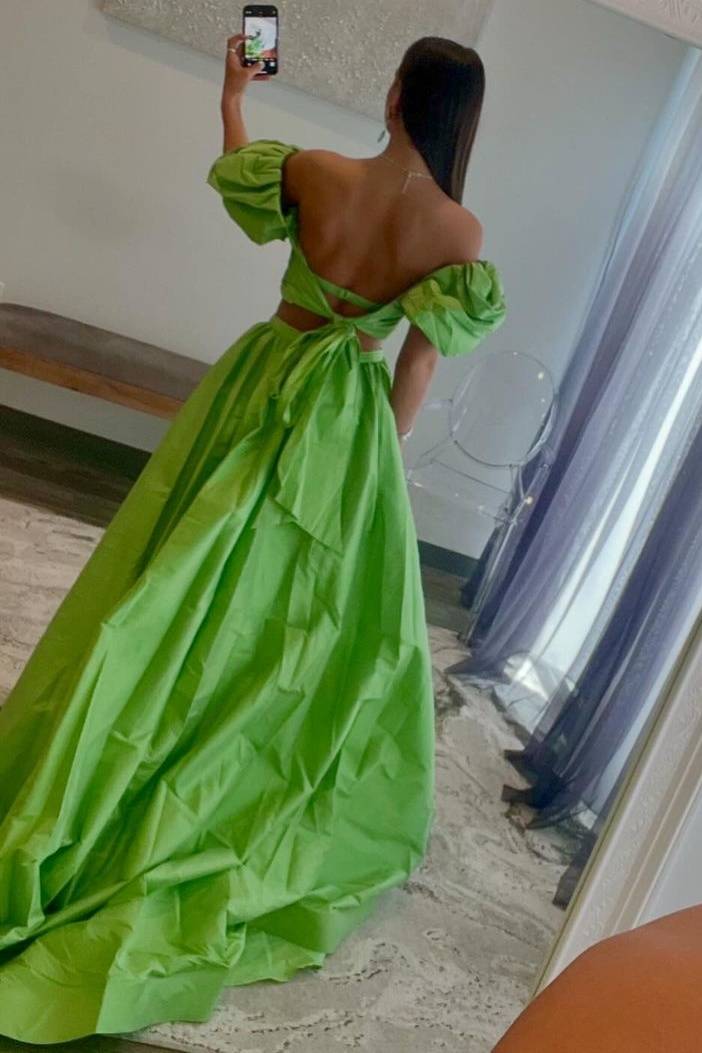 Green Two-Piece Off-The-Shoulder A-Line Party Prom Dresses