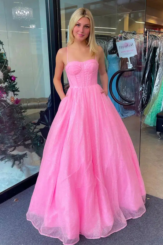 Stunning Candy Pink Floor-Length Tulle A-Line Prom Dresses